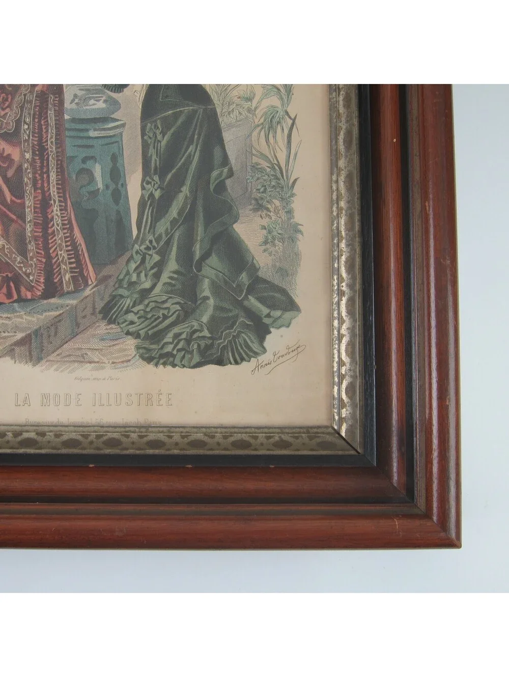 Antique Victorian Deep Picture Frame Wood Gilt La Mode Paris Print in Glass 16